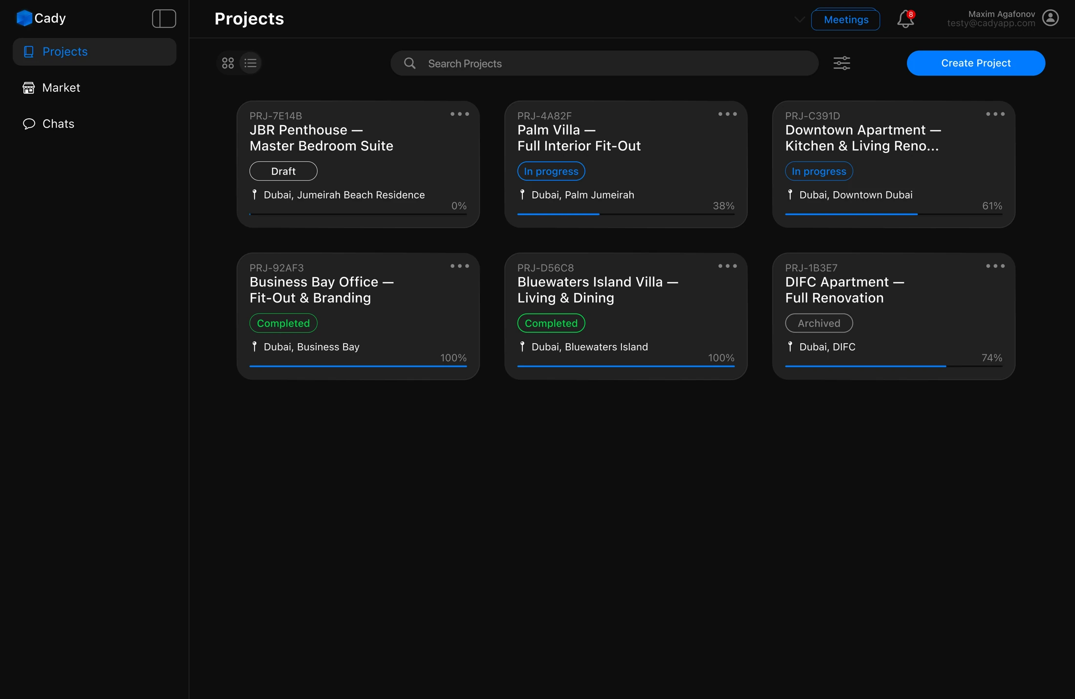 Cady project space — projects dashboard